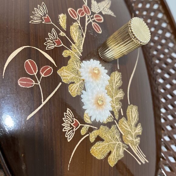 Vintage Asian Faux Wood Lacquer Lattice covered candy dish mid century floral - Picture 10 of 10